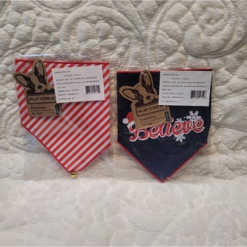Pup Crew Pet Bandana Red White Striped Bell Christmas XS-S Dog Cat New Sealed